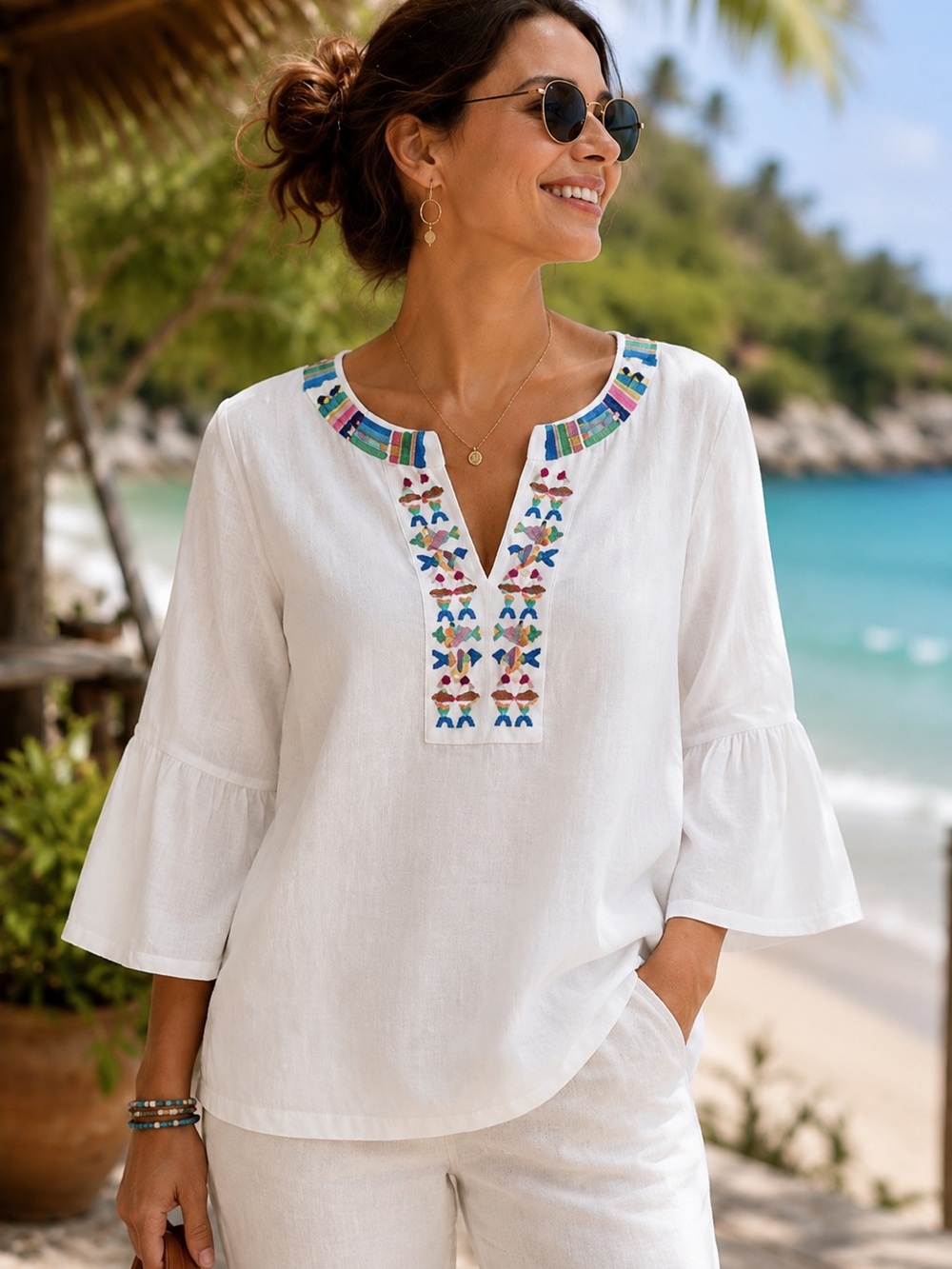 Talbots Linen Embellished Tunic Top NWT  White Sequin Fish  Coastal Resort small